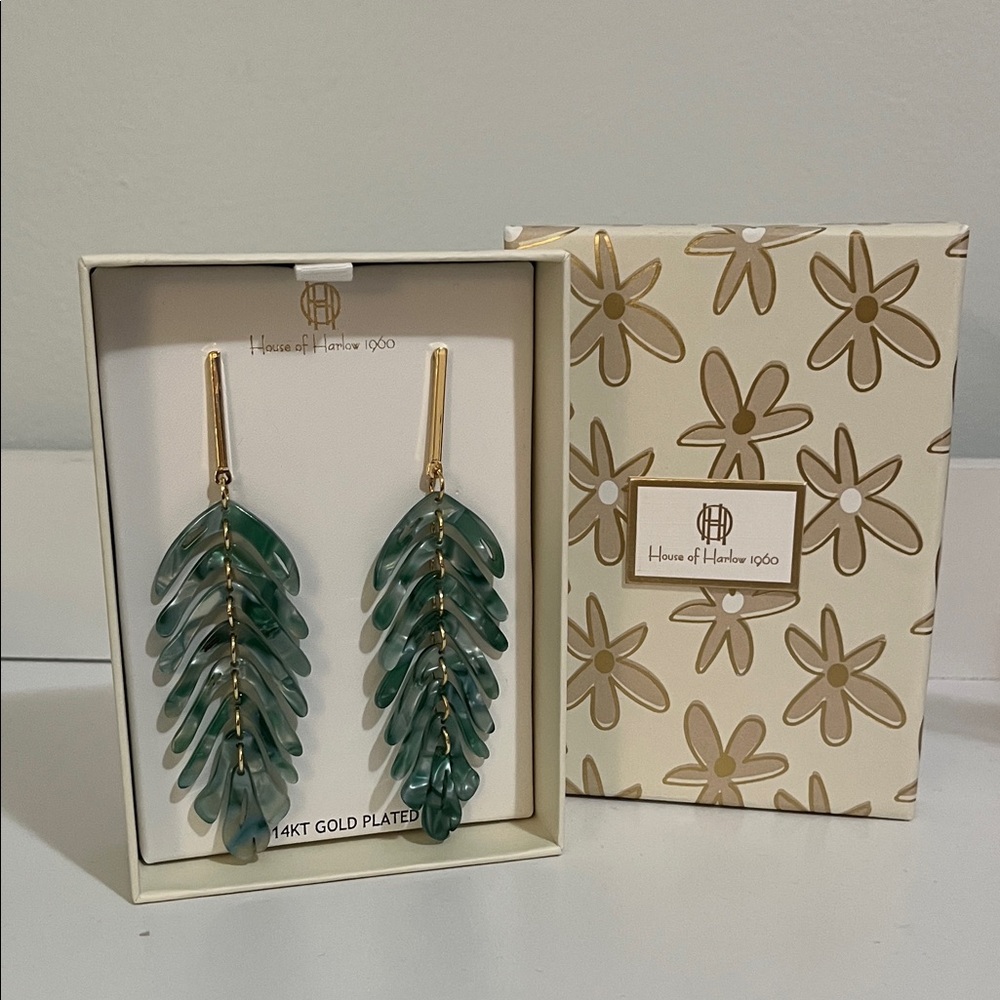 House of Harlow 1960 Teal Leaf Gold Earrings